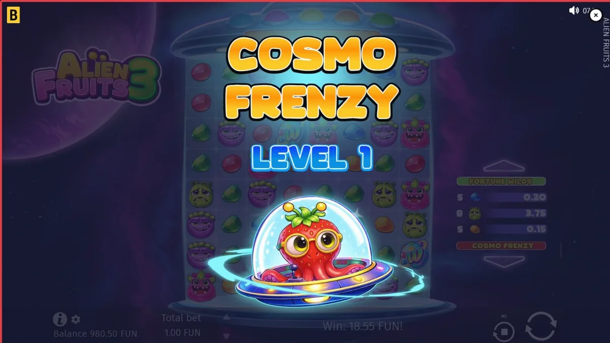Tampilan visual neon dan alien dari slot Alien Fruits 3